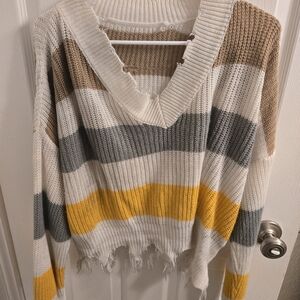 Striped V-Neck Sweater - White, Gray, Yellow, Tan
